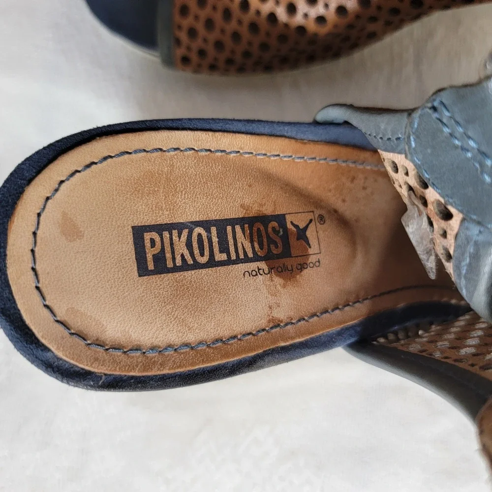 Pikolinos Bali Wedge Sandals Brown Blue Perforated Leather Peep Toe EU 41‎ US 10
